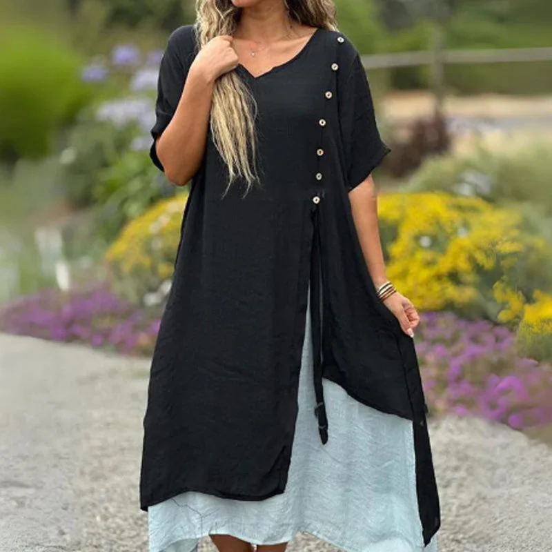 Short Sleeve Loose Fit Cotton Linen Dress