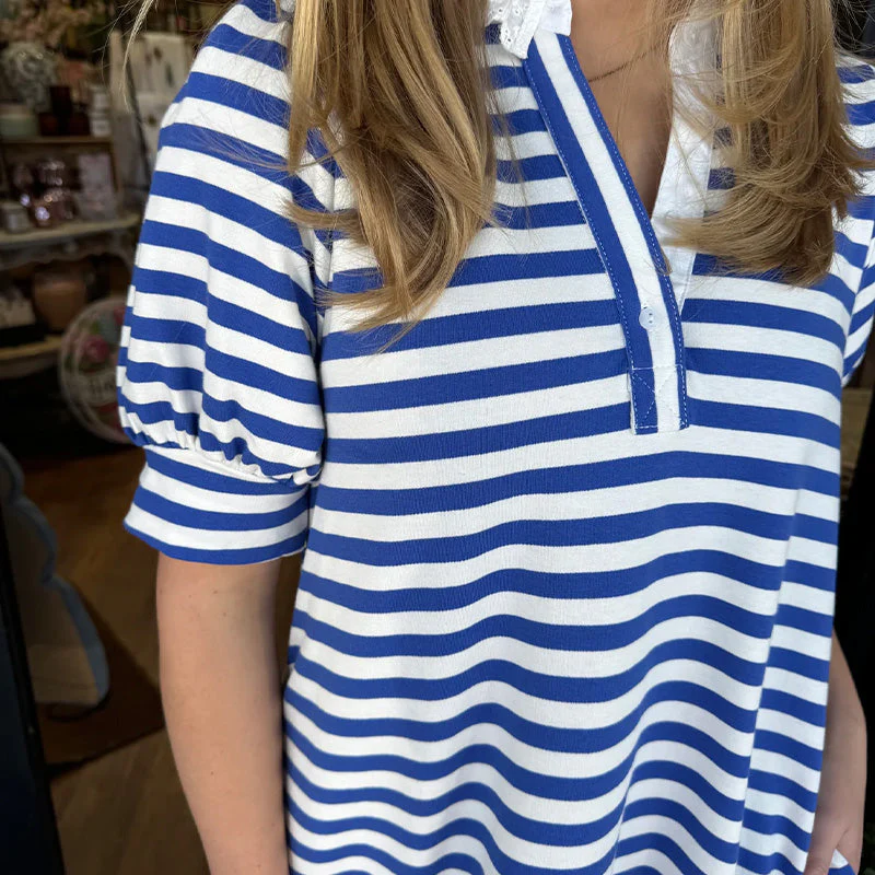 Women's Striped V-Neck Dress with Pleated Hem