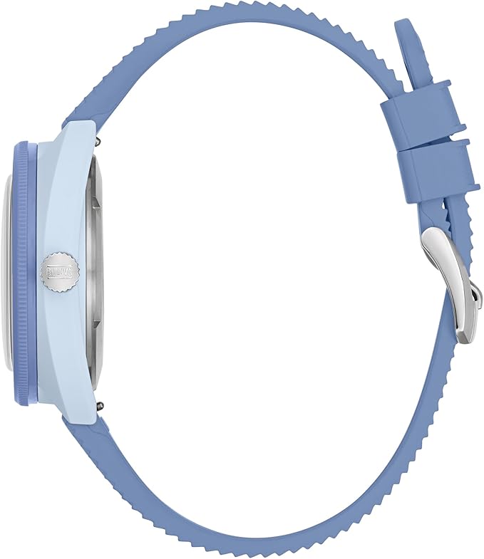 Diving watch, ceramic case, white perforated rubber strap, date display, 100m water resistance