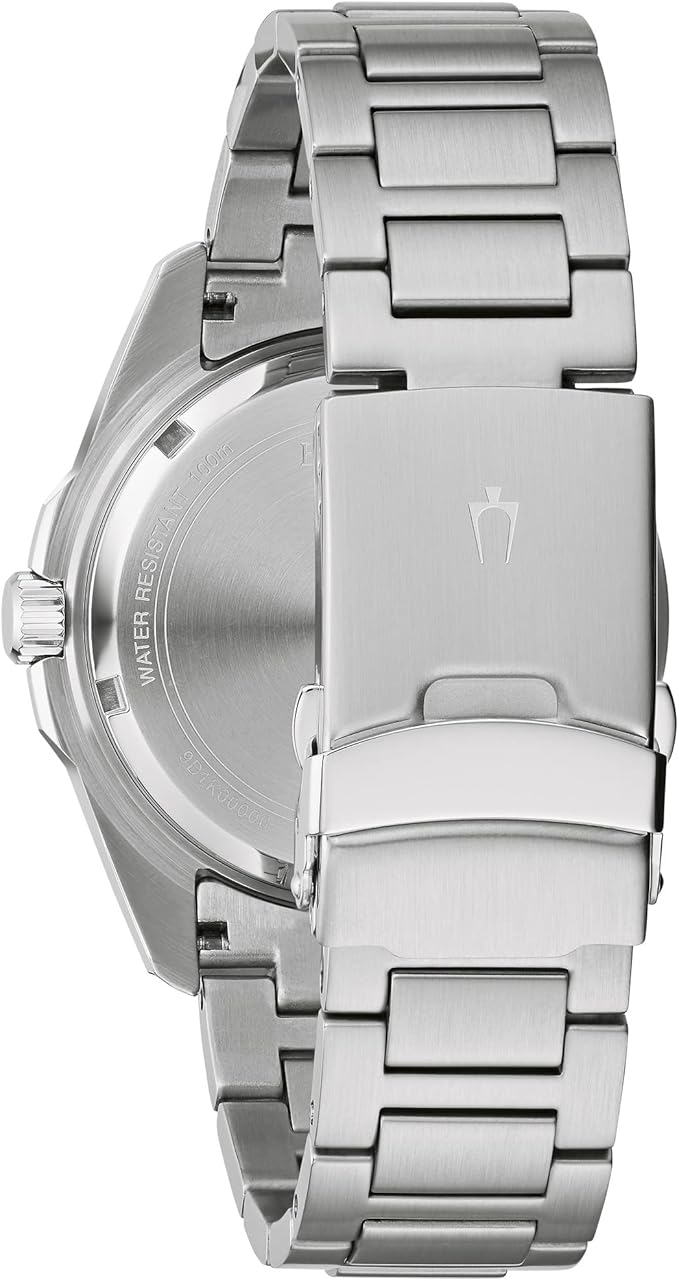 Men's stainless steel three-hand calendar quartz watch with black dial. Style: 98B203