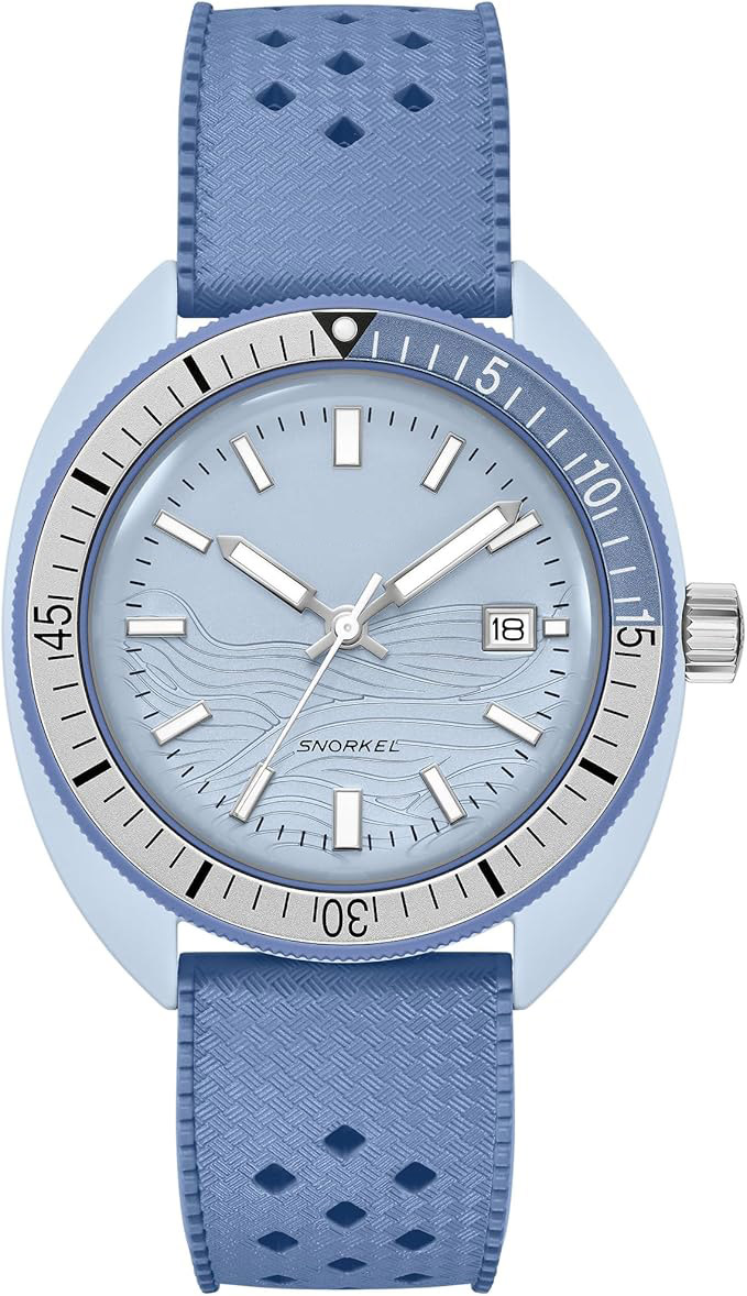 Diving watch, ceramic case, white perforated rubber strap, date display, 100m water resistance