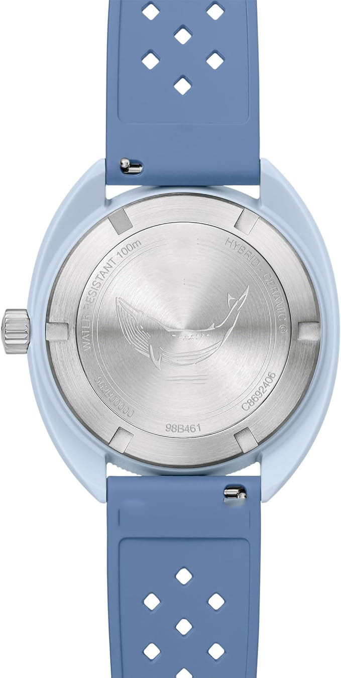 Diving watch, ceramic case, white perforated rubber strap, date display, 100m water resistance