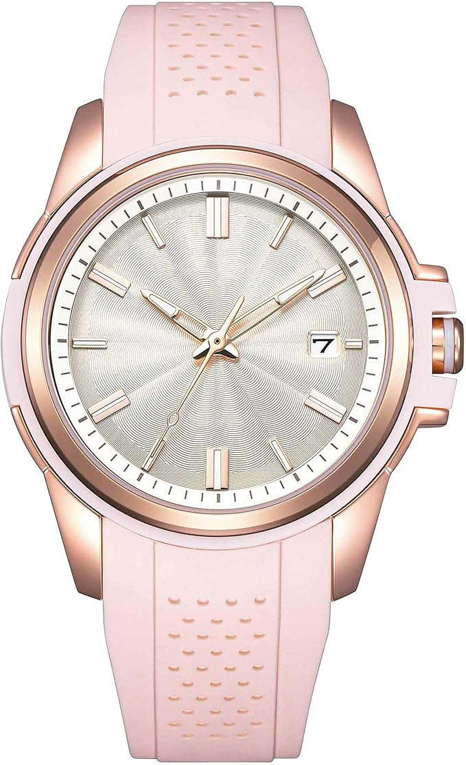 Women's Sports Watch, Rose Gold-Tone Stainless Steel Watch, Pink Silicone Strap, White Dial