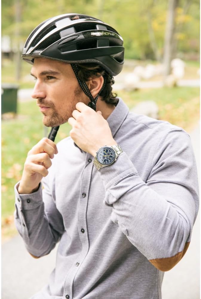 Men's Eco-Drive Sports Luxury World Chronograph Atomic Watch, Stainless Steel, Blue Dial