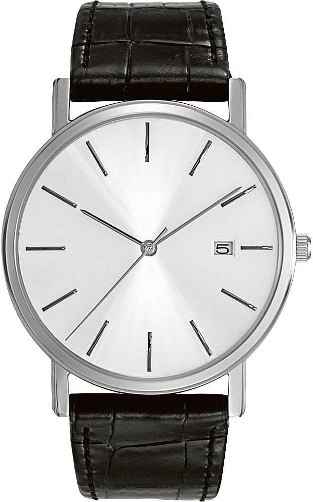 Men's Classic Three-Hand Calendar Date Quartz Leather Strap Watch with Buckle, 37mm