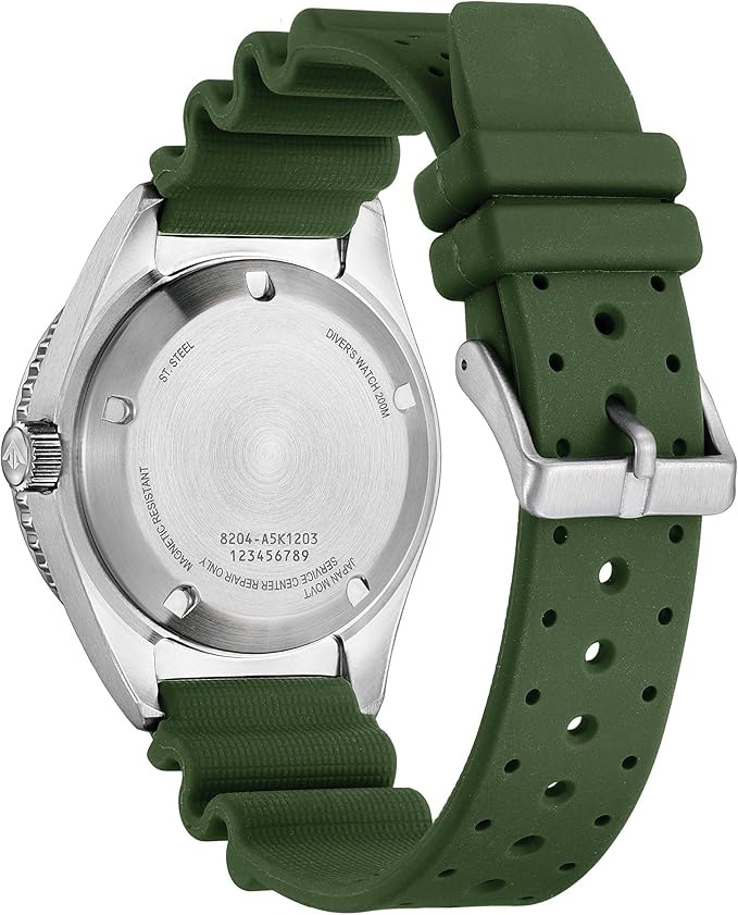 Men's automatic three-hand stainless steel watch with green polyurethane strap, date display, luminescent function, 41mm