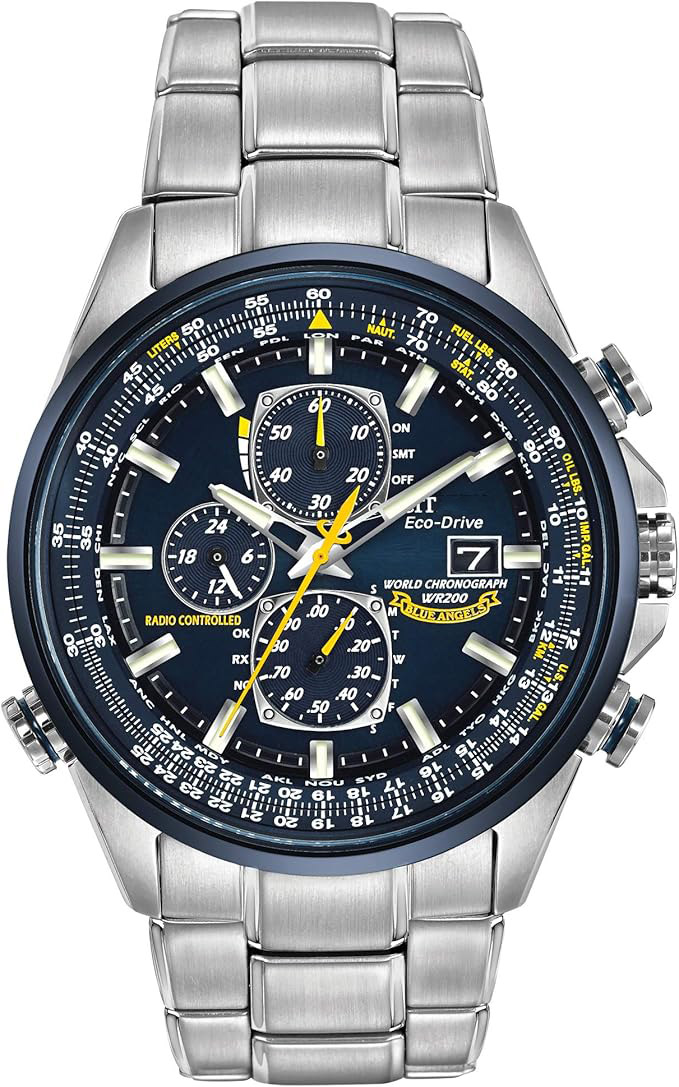 Men's Eco-Drive Sports Luxury World Chronograph Atomic Watch, Stainless Steel, Blue Dial