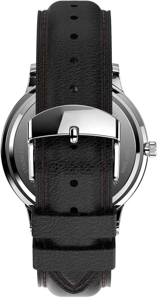 Men's 40mm stainless steel quartz dress watch with leather strap