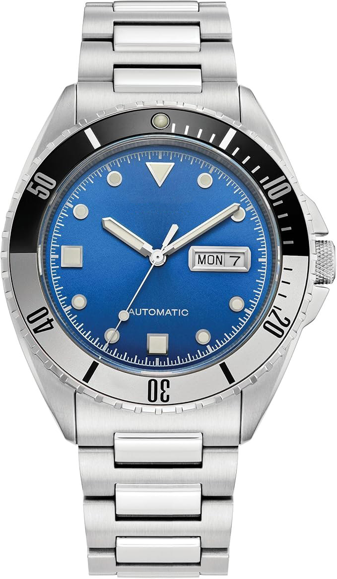 Men's automatic stainless steel watch, blue dial, black and silver bezel, 3-hand day/date