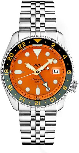 Men's automatic watch with orange dial, date calendar, luminous hands and markers, and grey GMT bezel, 100m water resistant
