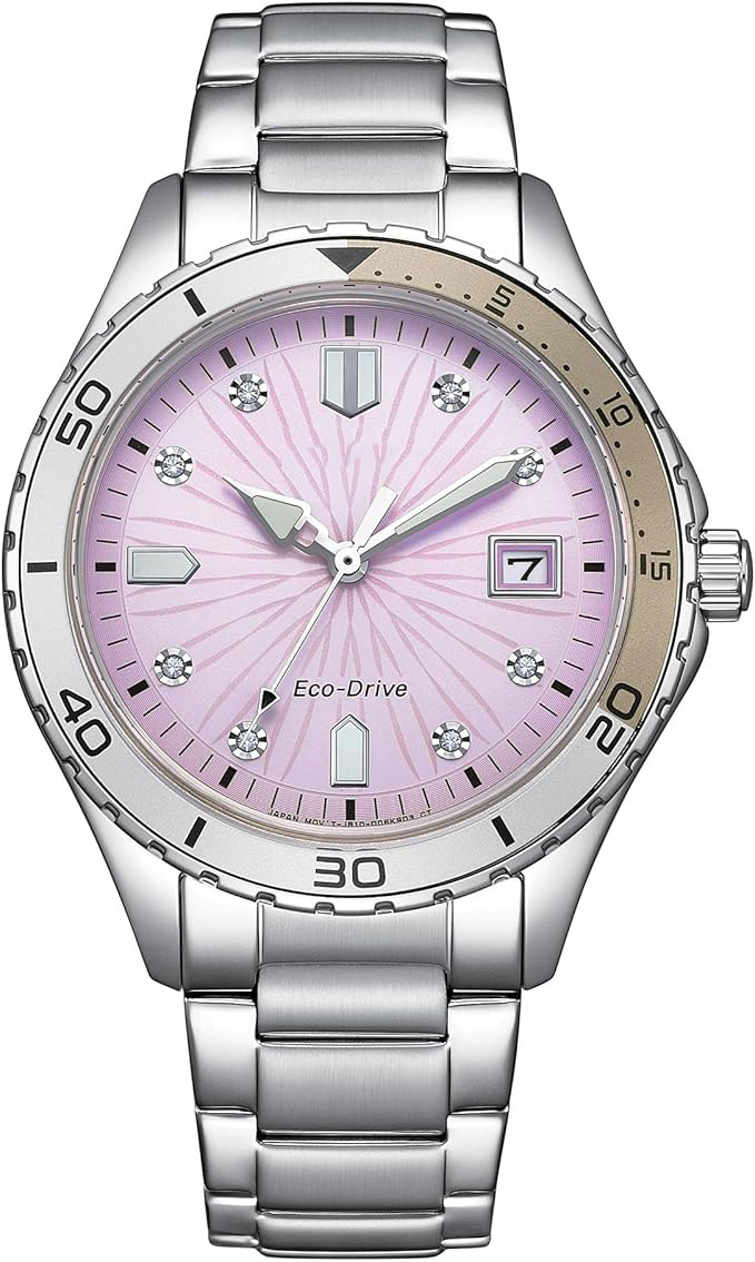 Women's Eco-Drive Crystal Weekend Sport Watch, Silver-Tone Stainless Steel Bracelet, Purple Dial