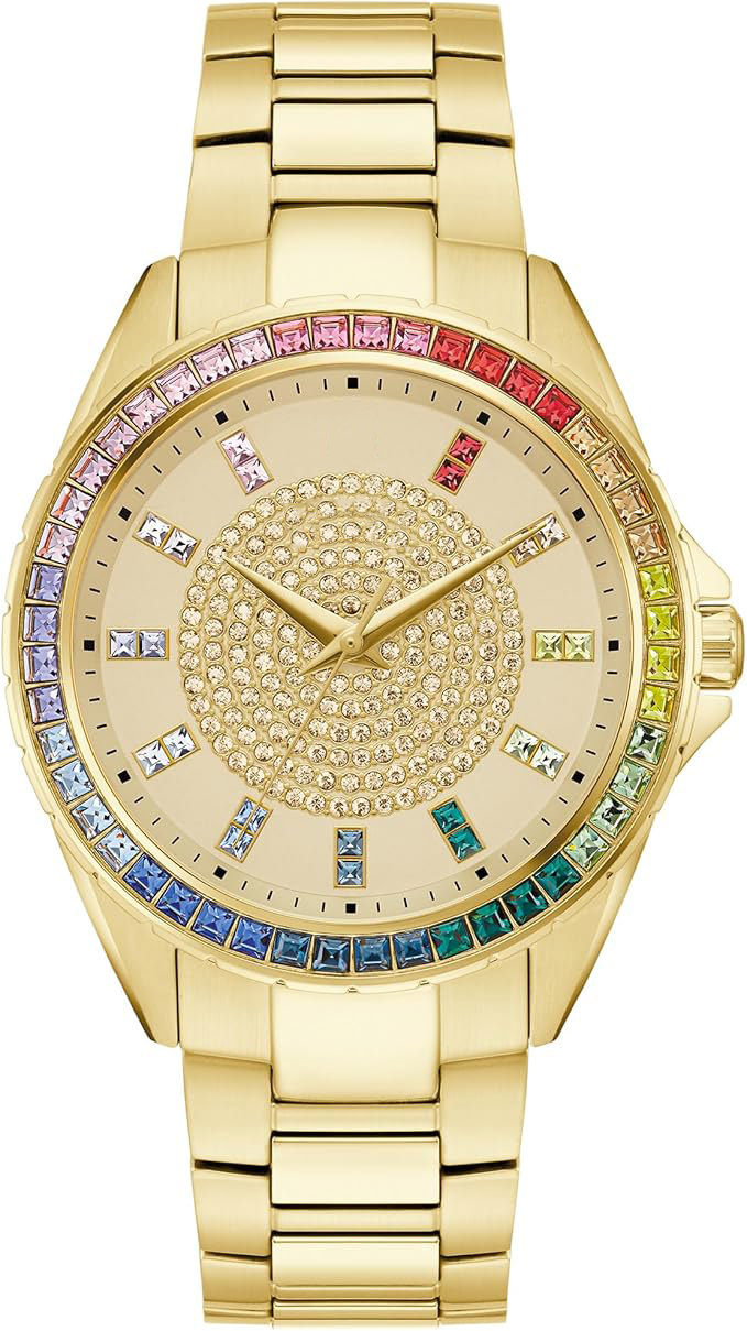 Men's Crystal Phantom Gold-Tone Stainless Steel Three-Hand Watch with Rainbow Crystal Bezel and Gold-Tone Dial with Center Gemstone