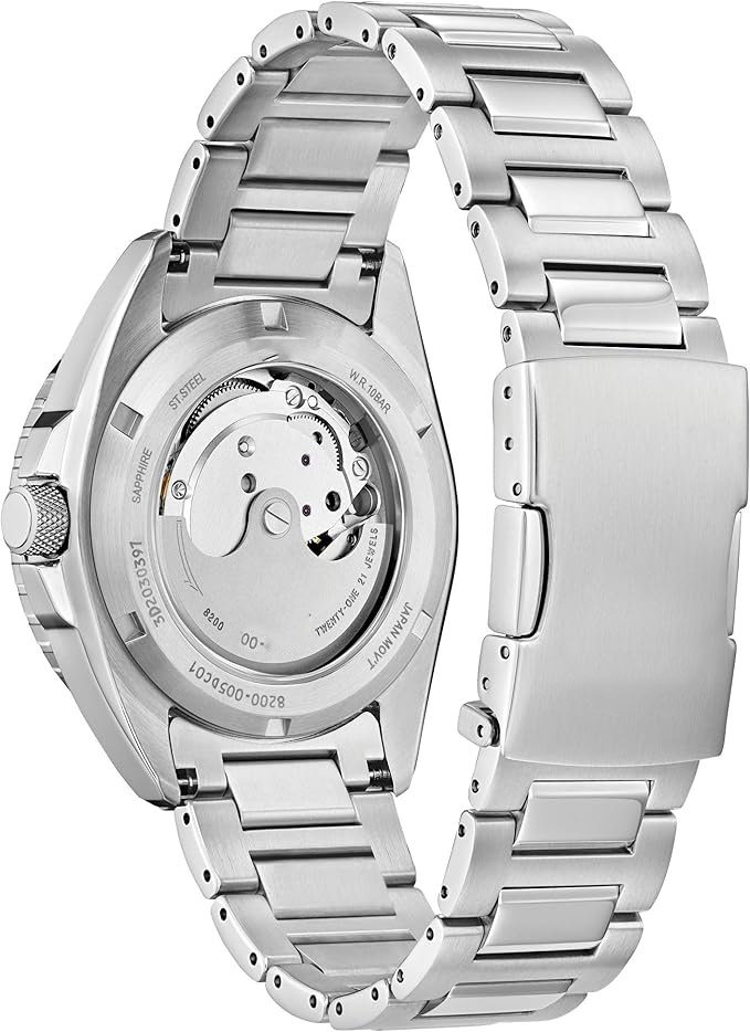 Men's automatic stainless steel watch, blue dial, black and silver bezel, 3-hand day/date