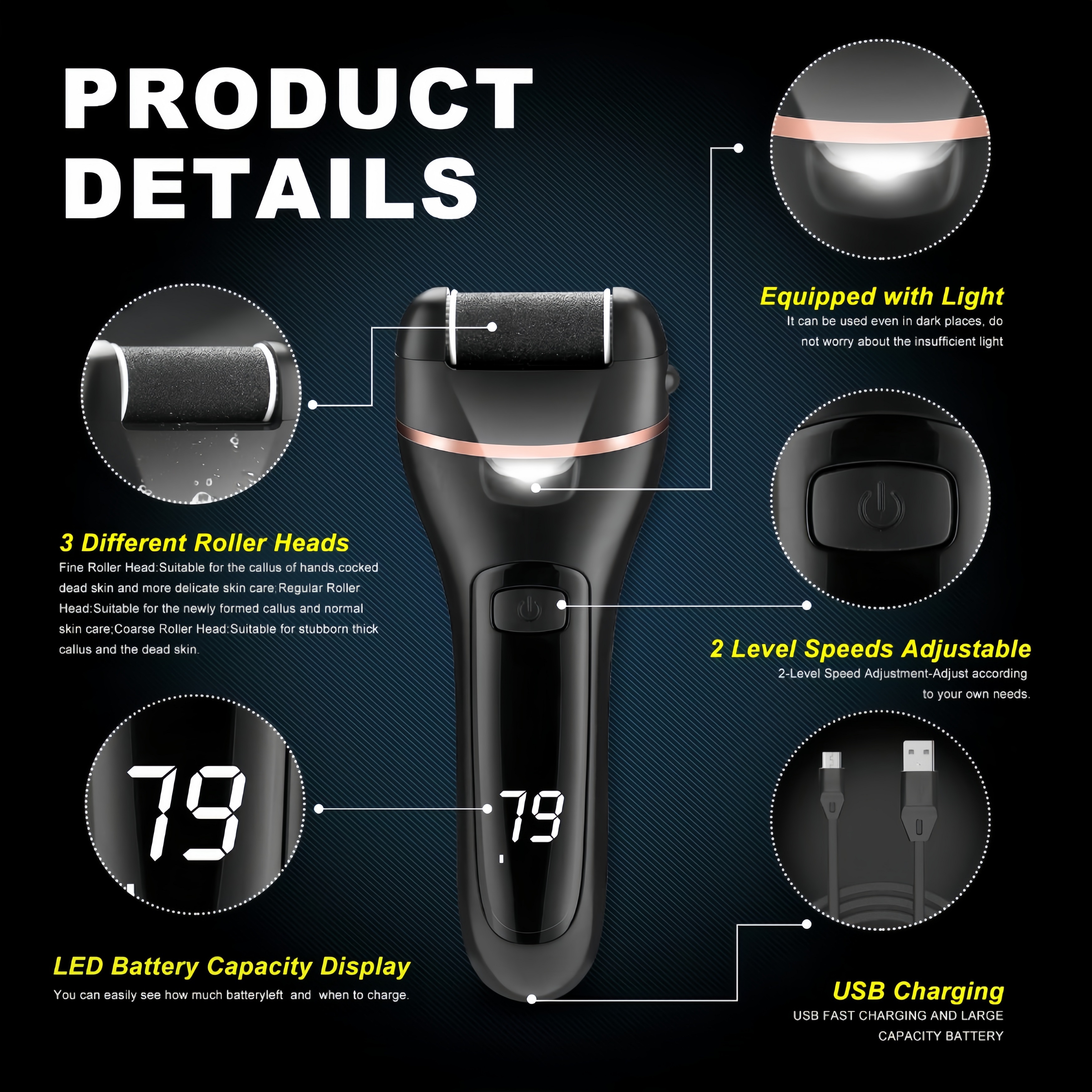 ✨ Electric Callus Remover – Smooth Feet in Seconds | 3 Rollers, LED Light, USB Rechargeable