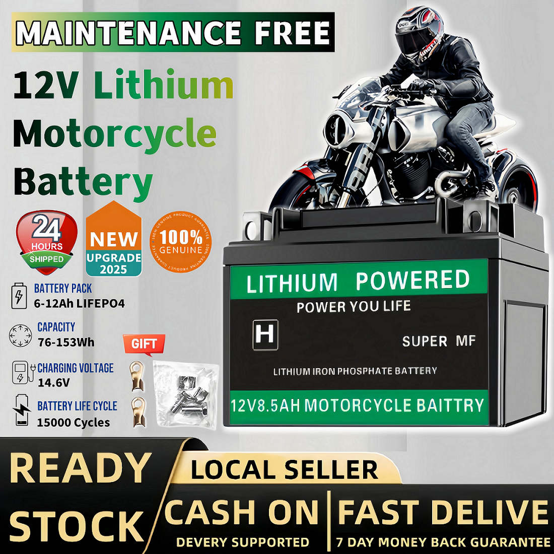 【Ready Stock】12V LiFePO4 Motorcycle Battery High Capacity LITHIUM BATTERY (2 YEAR WARRANTY)