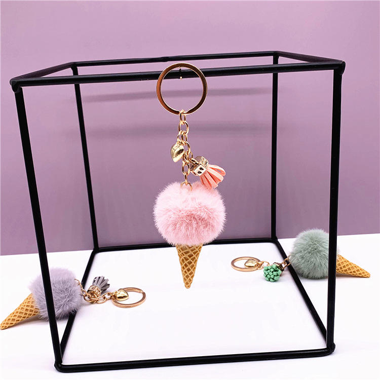Ice Cream Keychain: Cute Cartoon Plush Backpack Charm, Cone Car Key Ring with Pom-Pom