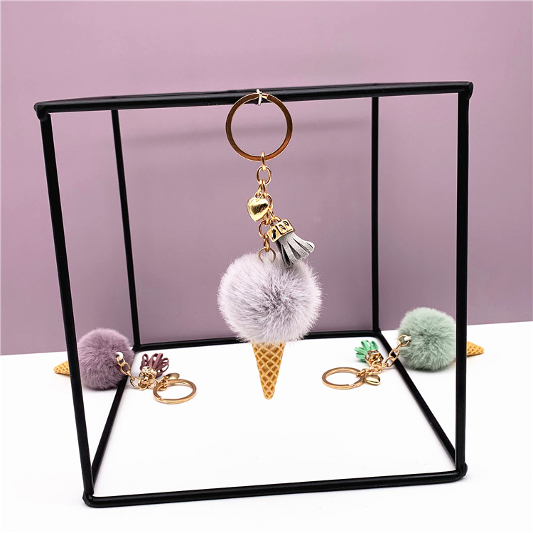 Ice Cream Keychain: Cute Cartoon Plush Backpack Charm, Cone Car Key Ring with Pom-Pom