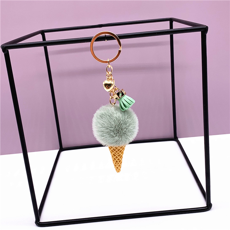 Ice Cream Keychain: Cute Cartoon Plush Backpack Charm, Cone Car Key Ring with Pom-Pom