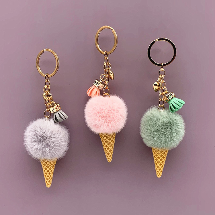 Ice Cream Keychain: Cute Cartoon Plush Backpack Charm, Cone Car Key Ring with Pom-Pom