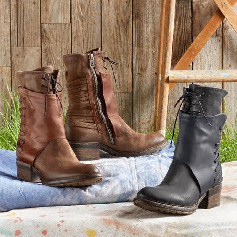 Vintage Chunky Heels Zipper Boots Cool Bandage Martin Boots