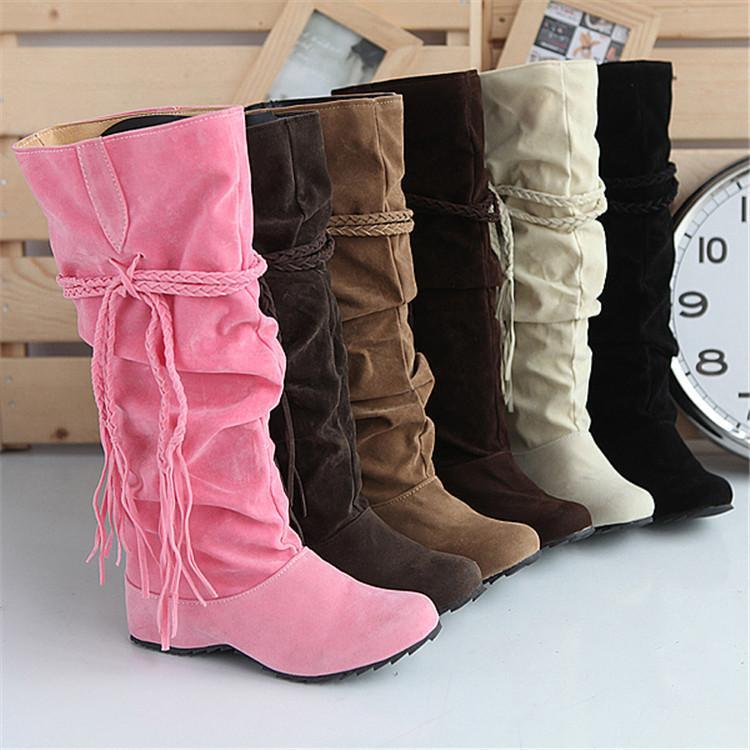 Women's Wedge Heel Ruffles / Knee High Boots Slouch Boots Fall / Winter Black / Pink / Brown