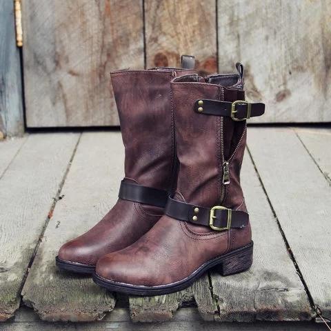 Wide Calf Vintage Mid-calf Boots with Buckle Faux Leather Elastic Band Casual Boots