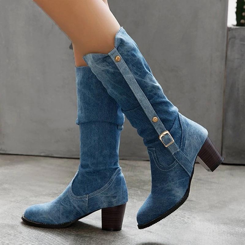 Thick heel buckle cowboy boots