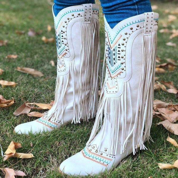 Tassel Boots High-heeled High-barreled Beige Women's Round-headed Sgs Boots