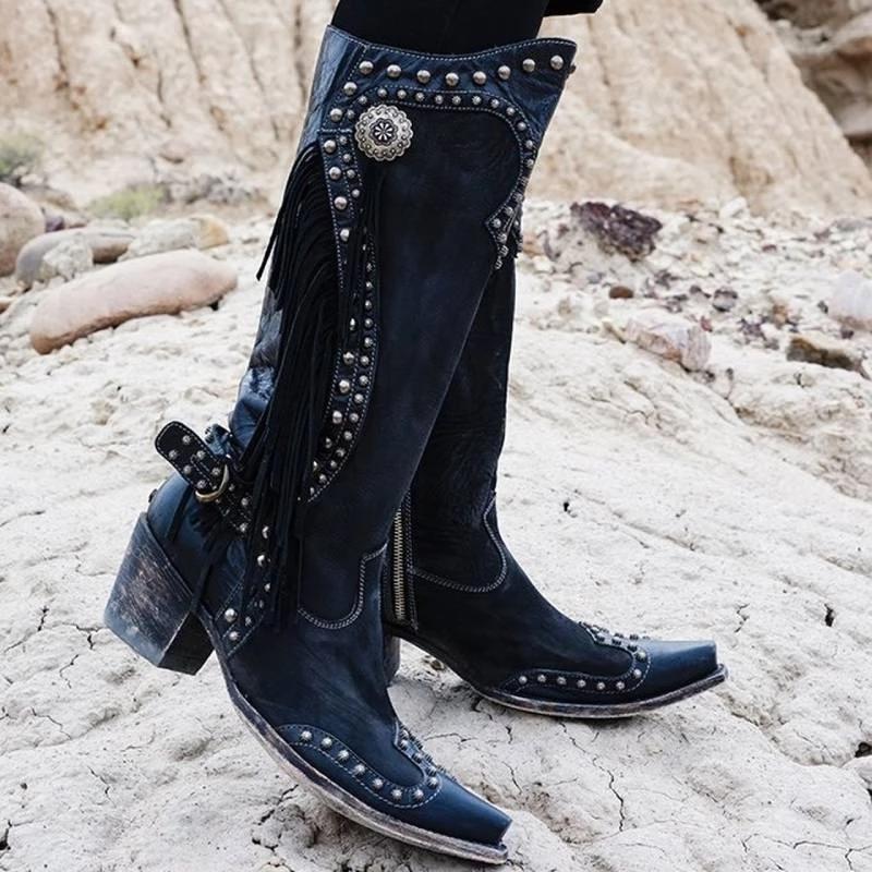 Women Vintage Tassel Western Boots With Zipper