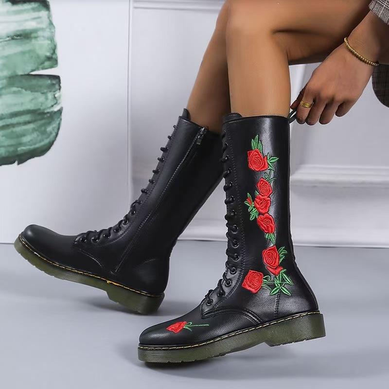 Embroidered Martin Boots with Casual Square Heel