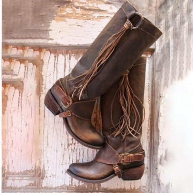 Women's Boots Knee High Boots Cowboy Western Boots Flat Heel Round Toe Vintage Daily Solid Colored PU Knee High Boots Winter Black / Brown