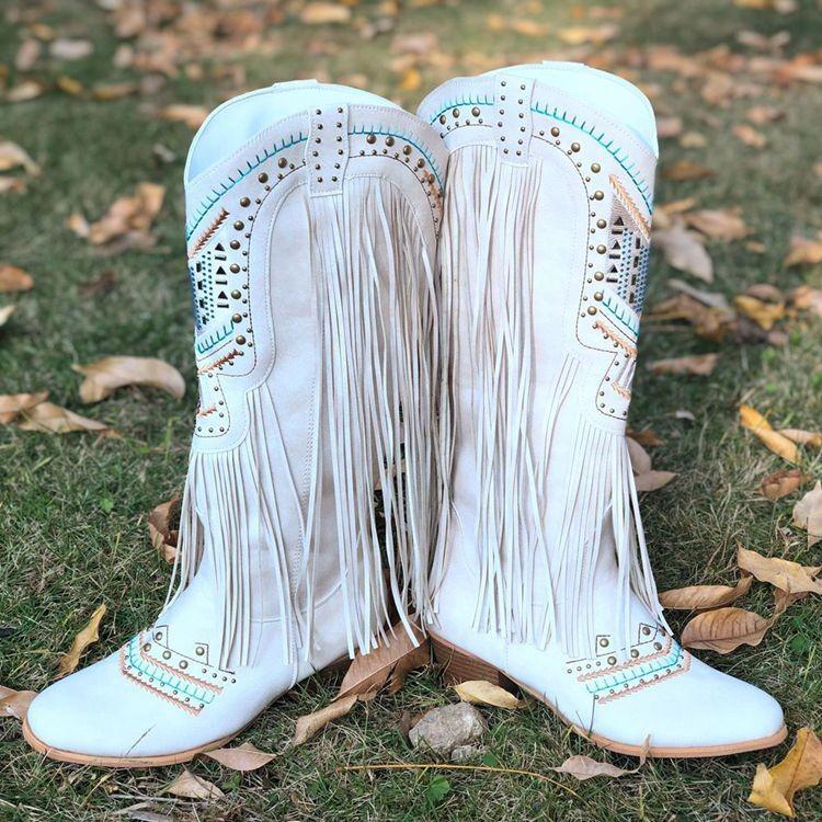 Tassel Boots High-heeled High-barreled Beige Women's Round-headed Sgs Boots