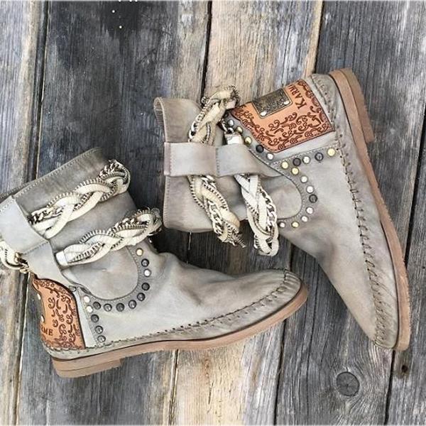 Plain Round Toe Tassel Flat Heel Boots