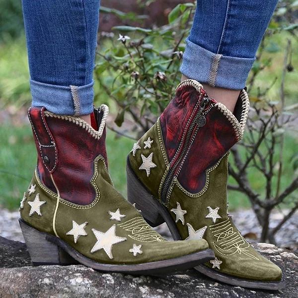 Women's Vintage Pointed Toe Star Short Boots