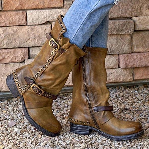 Women Belt Low Heel Mid Boots