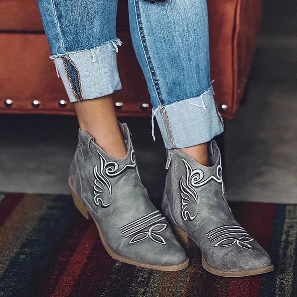 Embroidery Zipper Vintage Round Toe Boots