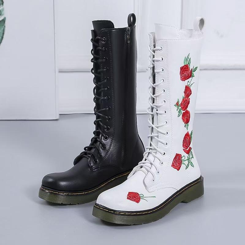 Embroidered Martin Boots with Casual Square Heel