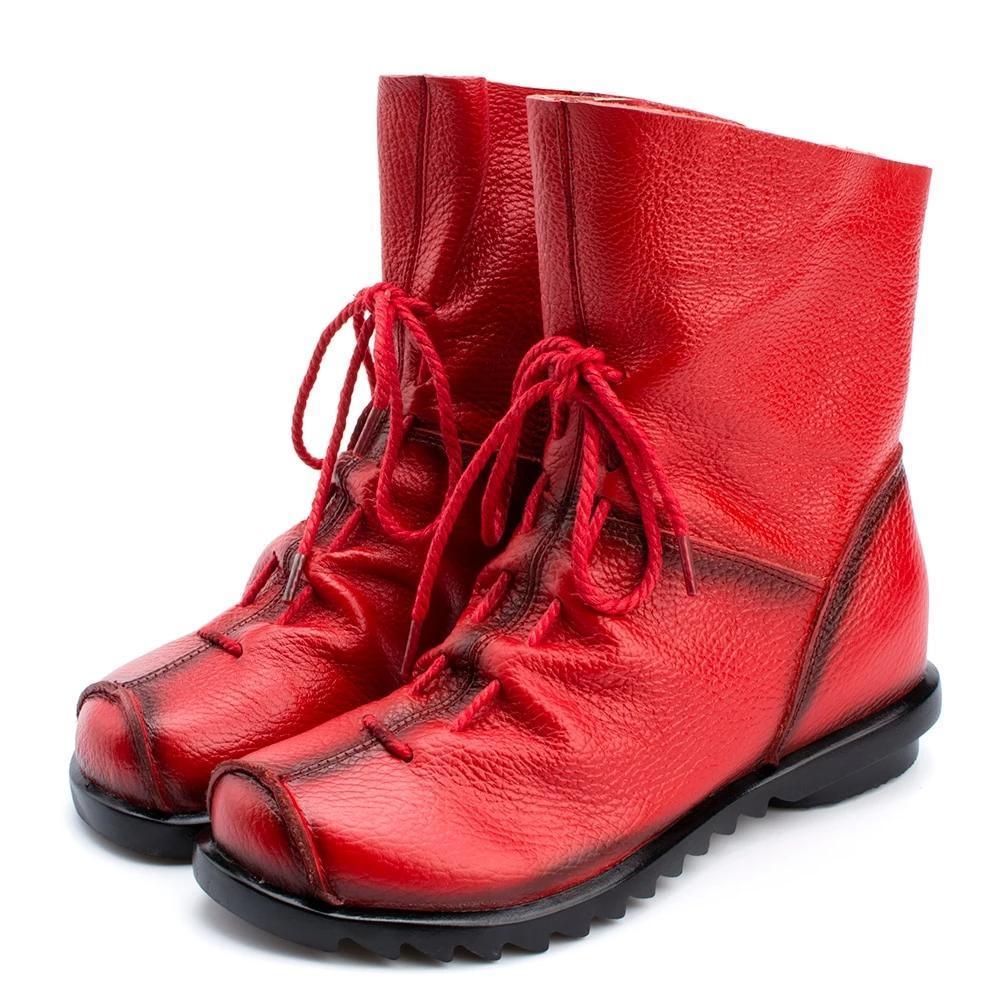 Vintage Style Genuine Leather Women Boots Flat Booties Soft Cowhide Women's Shoes Front Zip Ankle Boots