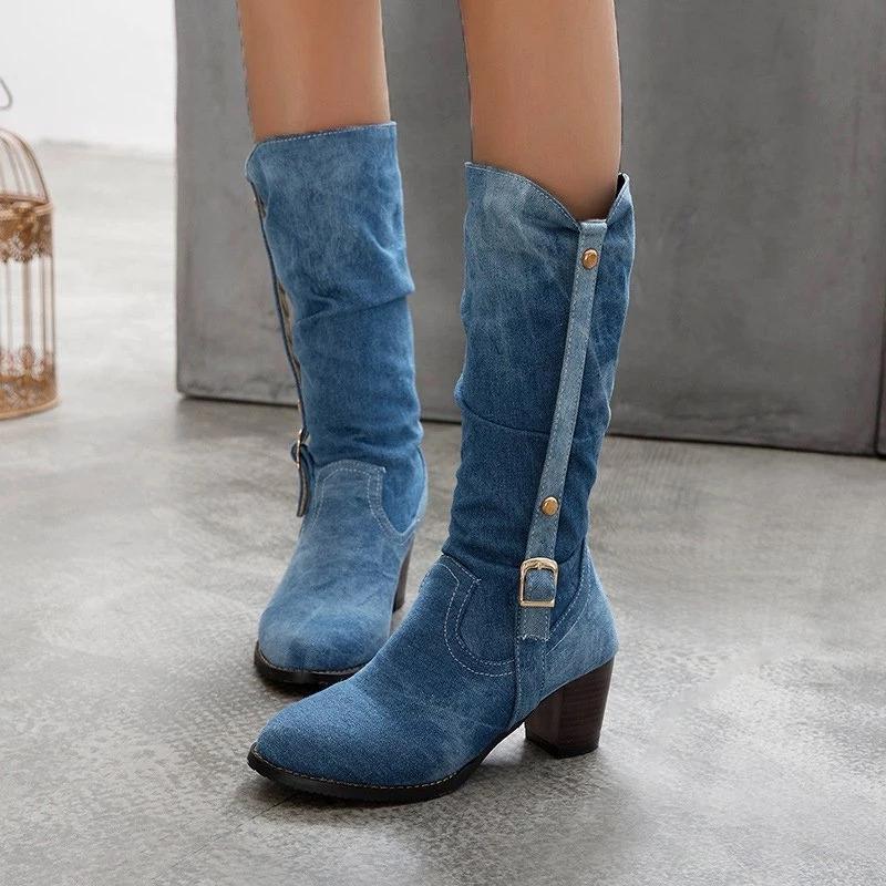 Thick heel buckle cowboy boots
