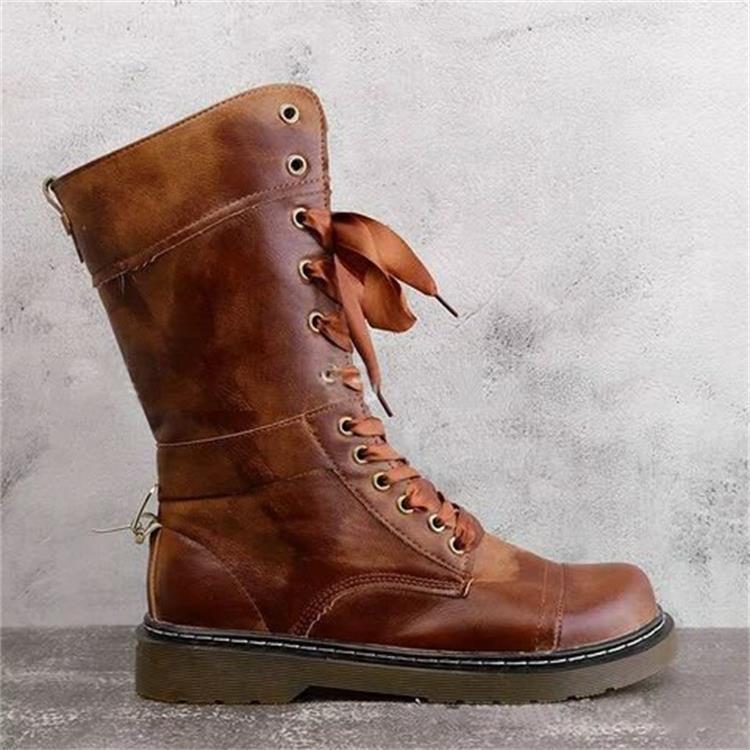 Leather buckle mid tube boots autumn winter Martin boots European and American retro buffing Lace Up Boots