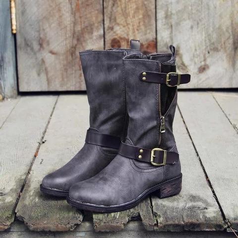 Wide Calf Vintage Mid-calf Boots with Buckle Faux Leather Elastic Band Casual Boots