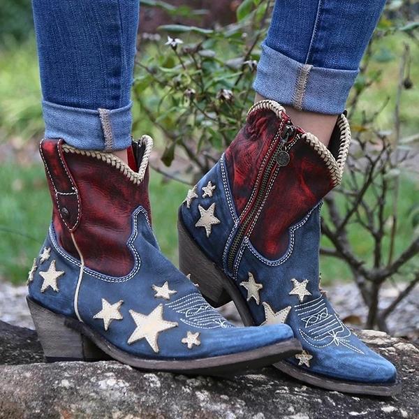 Women's Vintage Pointed Toe Star Short Boots