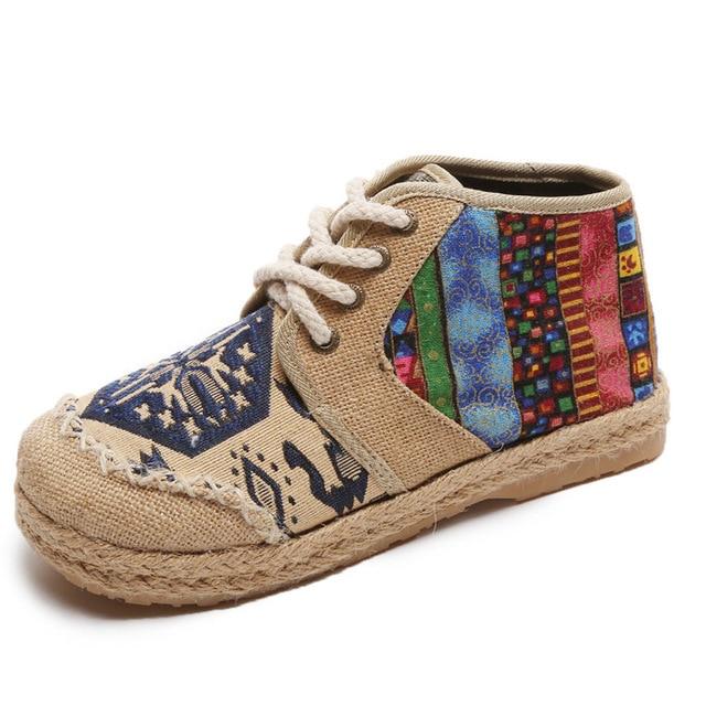 Embroider Shoes Women Ankle Boots Flat Autumn Shoes Comfortable Lace-Up Shoes Flats