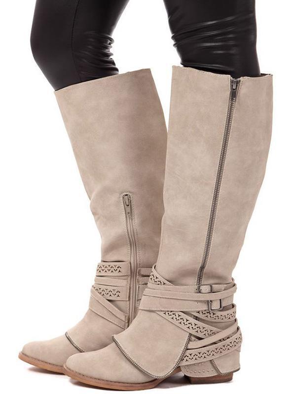 Wide Calf Fashion Thigh-high Bandage Low-heel Zipper Boots Shoes Mid Calf