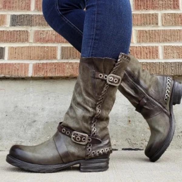 Women Belt Low Heel Mid Boots