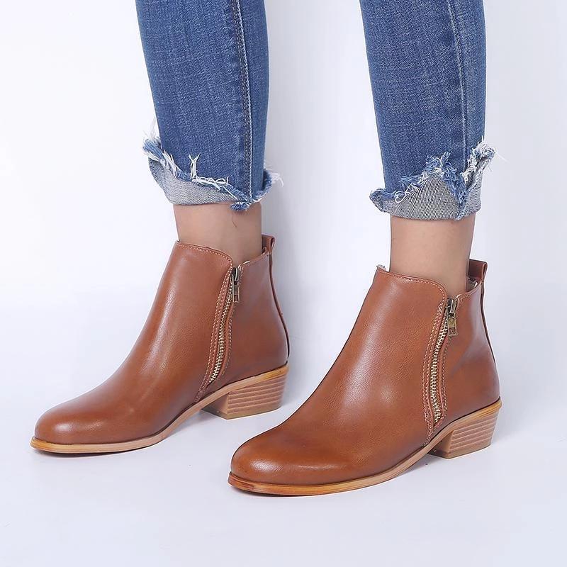 Women Side Zipper Round Toe Ankle Boots