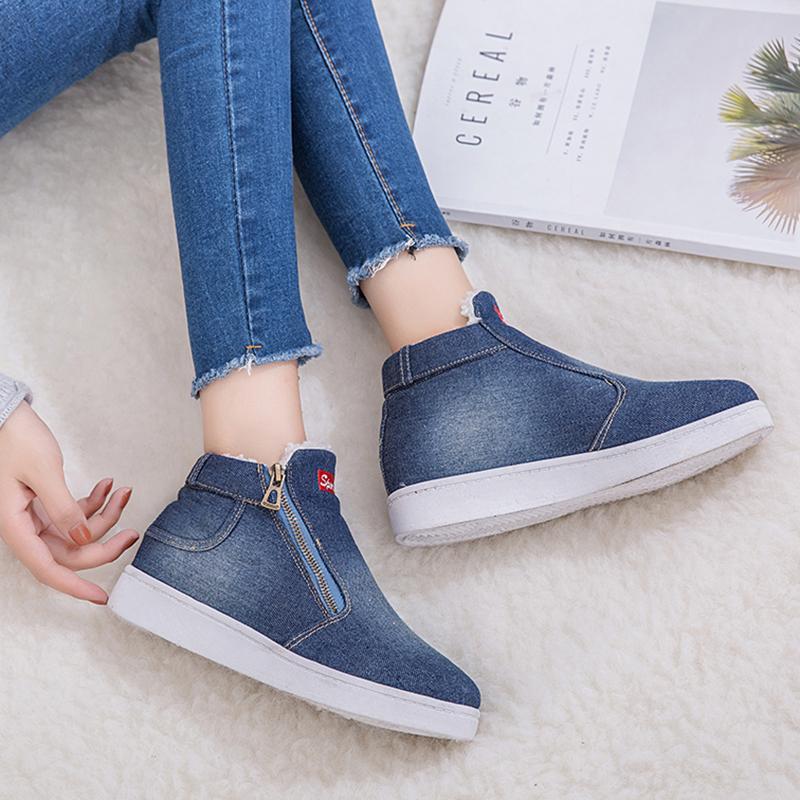 Women Denim Jeans Boots Fleece Push Snow Boots Flat Casual Shoes