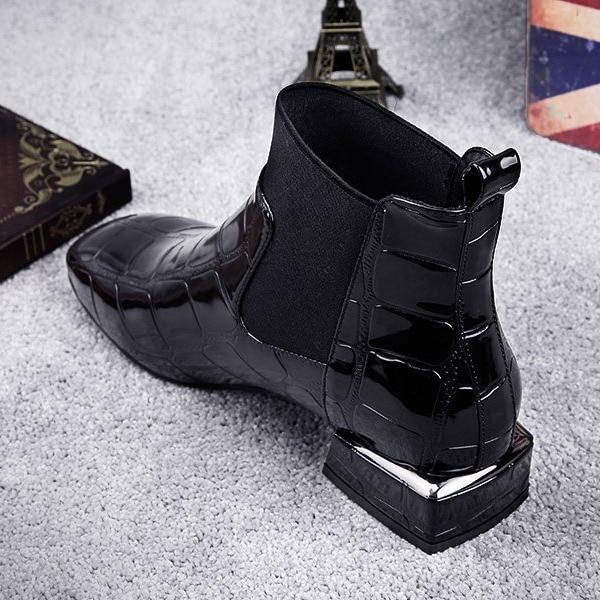 Chic Women Boots Shiny PU Leather Autumn Winter Shoes Woman Spuare Toe Block Heels Ankle Boots