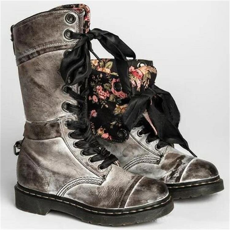Leather buckle mid tube boots autumn winter Martin boots European and American retro buffing Lace Up Boots