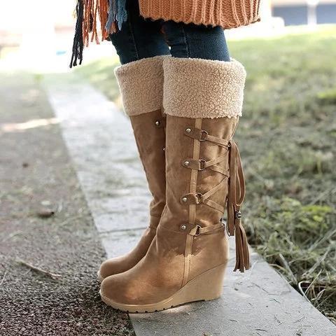 Womens Fashion Lace Round Toe Scrub High Heel Snow Boots